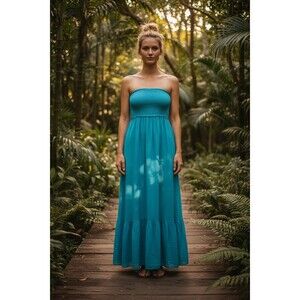 Ralph Lauren Women S Crinkle Smocked Strapless Dress Aqua Blue Beach Semi-Sheer